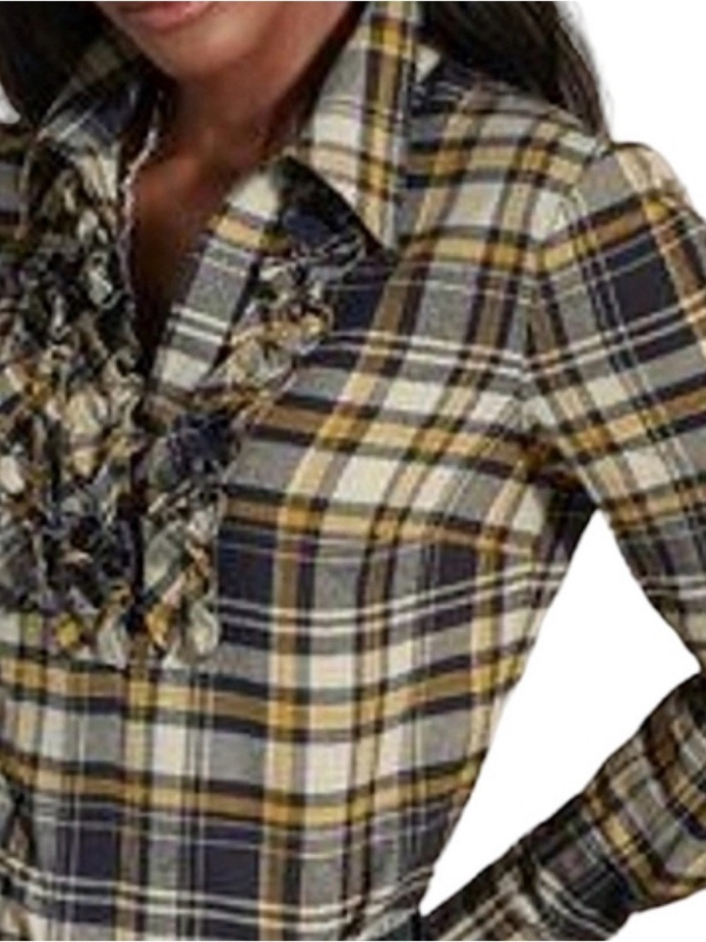 CAbi Yellow and Navy Plaid Ruffle-Front Button Down Shirt